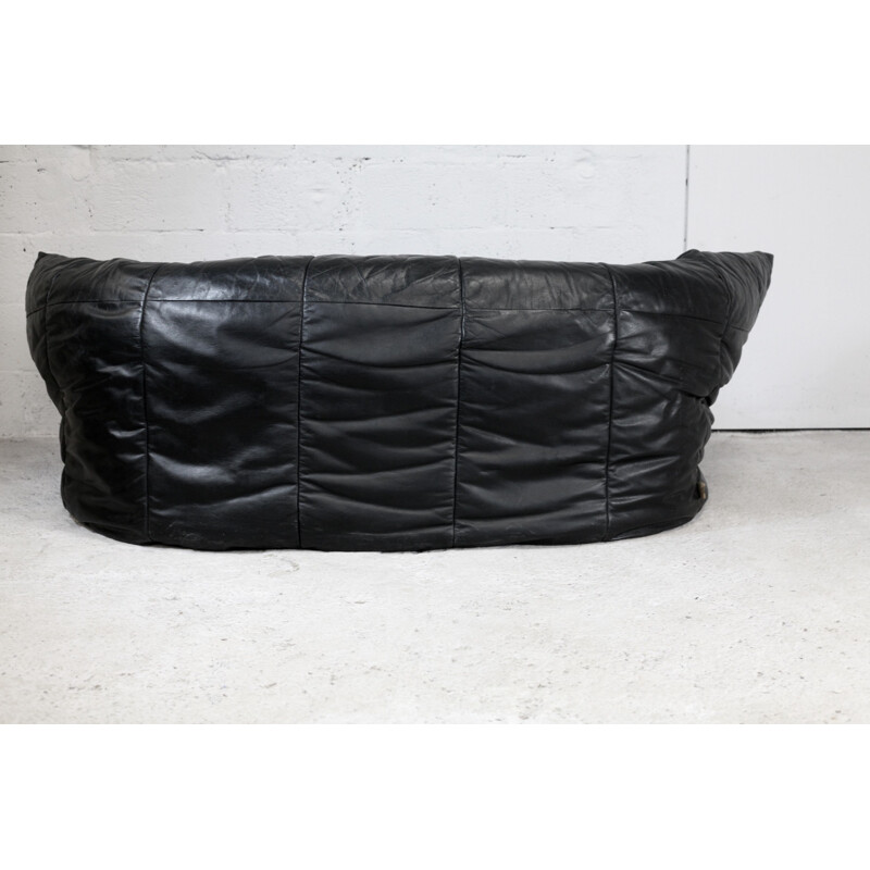 Vintage black leather sofa by Michel Ducaroy, model Brigantin de Ligne Roset 1981