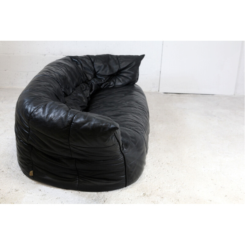 Vintage black leather sofa by Michel Ducaroy, model Brigantin de Ligne Roset 1981