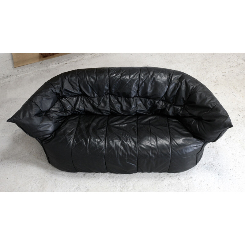 Canapé vintage cuir noir de Michel Ducaroy, modèle Brigantin de Ligne Roset 1981