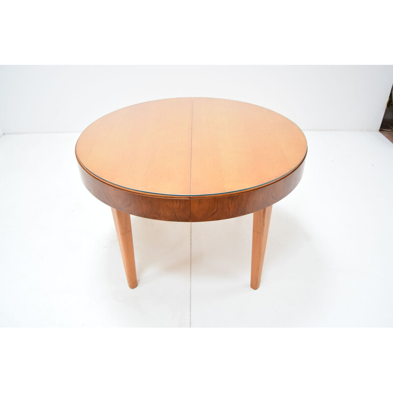 Vintage round wooden folding table by Jindrich Halabala, Czechoslovakia 1950