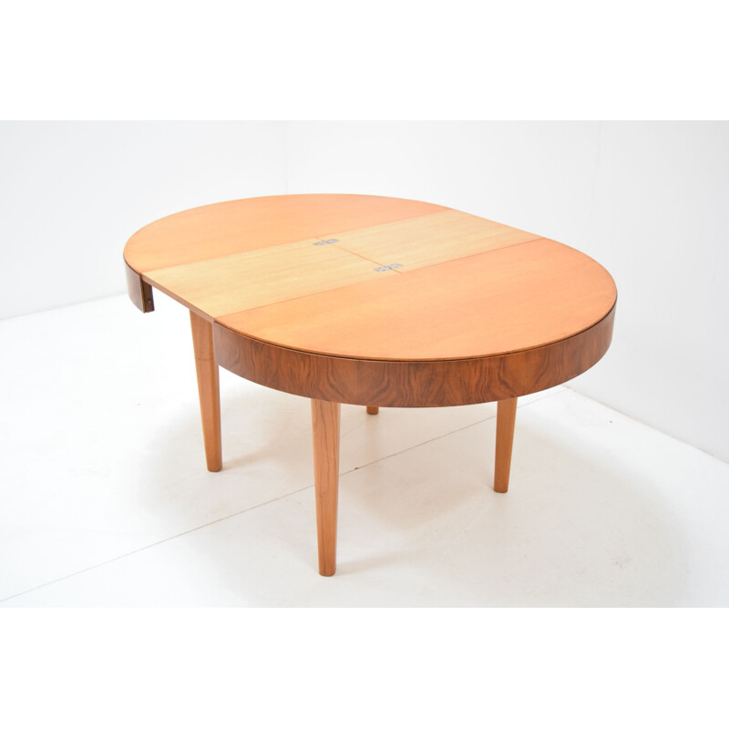 Vintage round wooden folding table by Jindrich Halabala, Czechoslovakia 1950