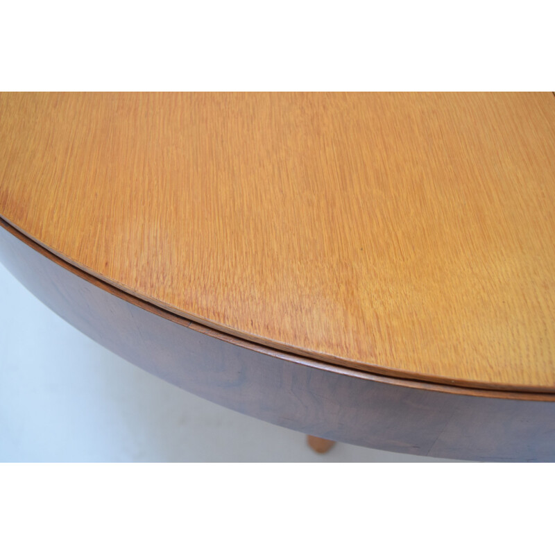 Vintage round wooden folding table by Jindrich Halabala, Czechoslovakia 1950