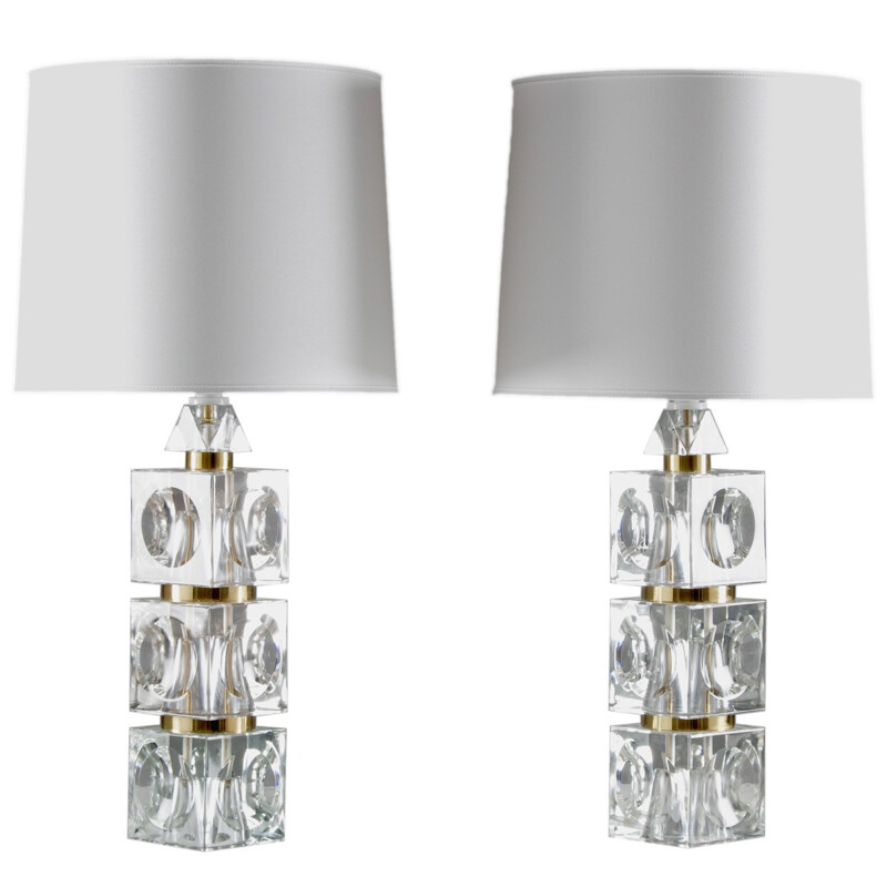 Pair of Scandinavian Orrefors table lamps in glass and brass, Carl FAGERLUND - 1960s