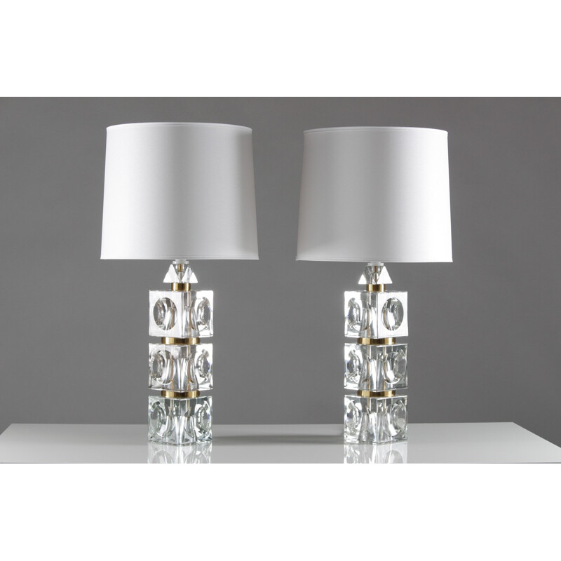 Pair of Scandinavian Orrefors table lamps in glass and brass, Carl FAGERLUND - 1960s