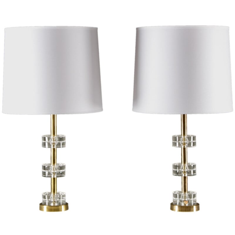 Pair of Swedish Orrefors table lamps in glass and brass, Carl FAGERLUND - 1960s