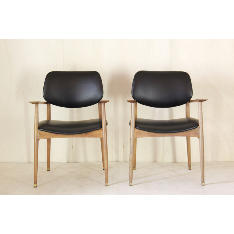 Pair of vintage beech and leather lounge armchairs 1950