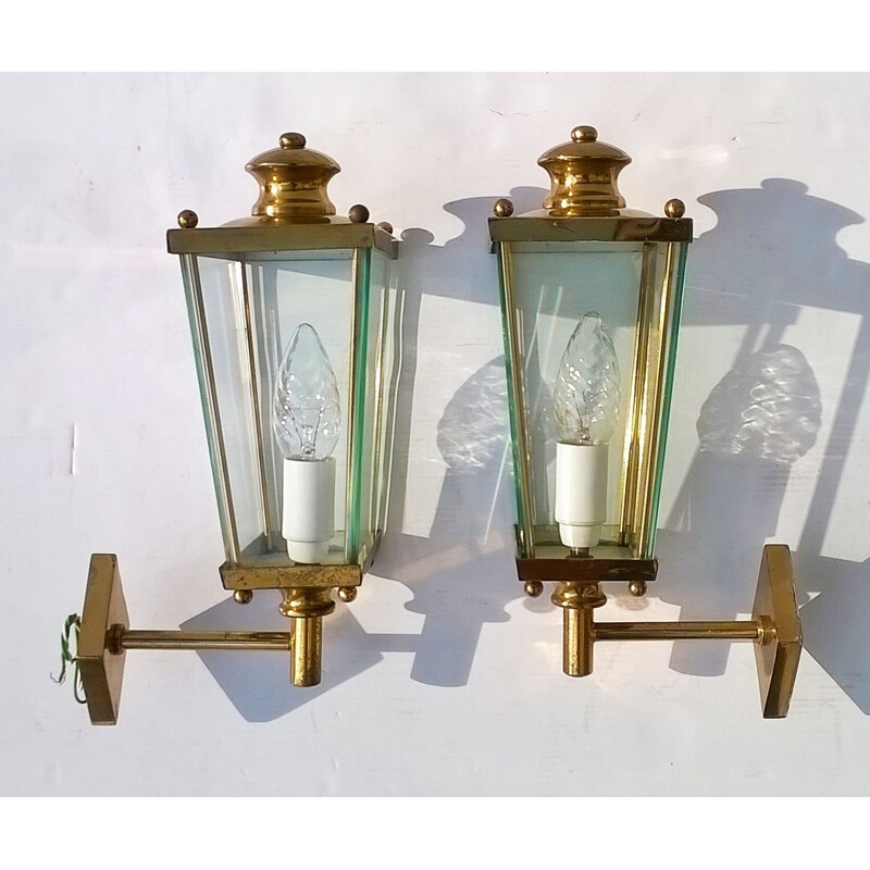 Paar vintage koperen en glazen wandlampen van Pietro Chiesa voor Fontana Arte, 1950
