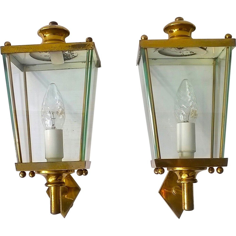 Paar vintage koperen en glazen wandlampen van Pietro Chiesa voor Fontana Arte, 1950