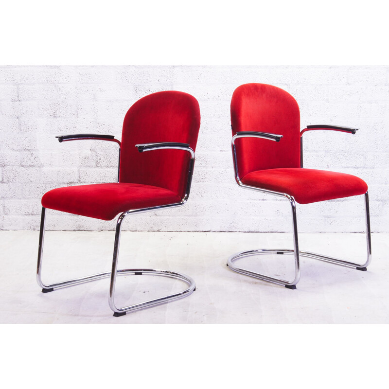 Pair of vintage red corduroy armchairs from Gispen, Netherlands 1937