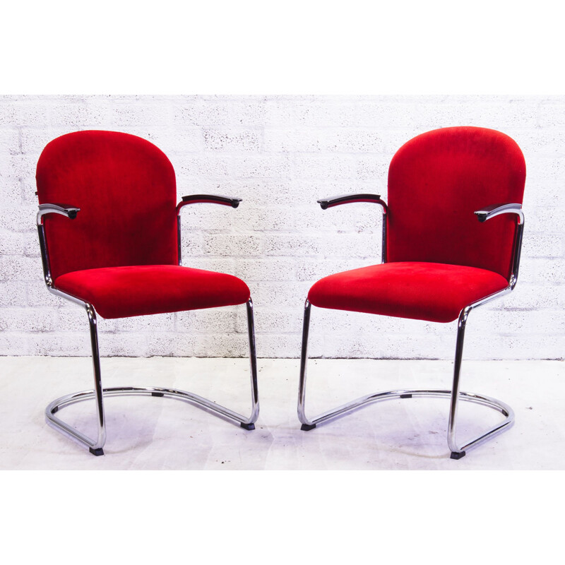 Pair of vintage red corduroy armchairs from Gispen, Netherlands 1937