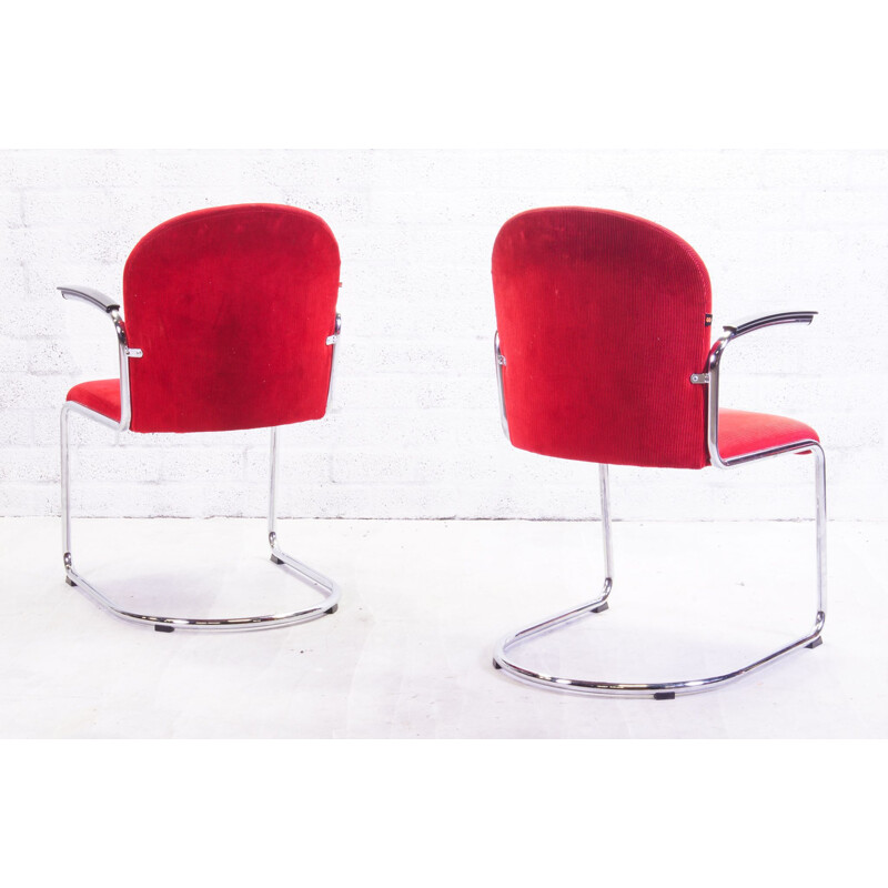 Pair of vintage red corduroy armchairs from Gispen, Netherlands 1937