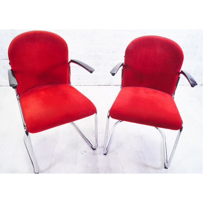 Pair of vintage red corduroy armchairs from Gispen, Netherlands 1937