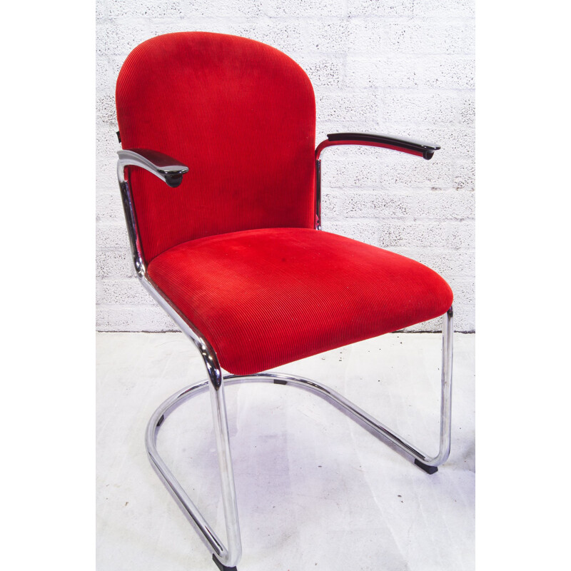 Paire de fauteuils vintage en velours côtelé rouge de Gispen, Pays-Bas 1937