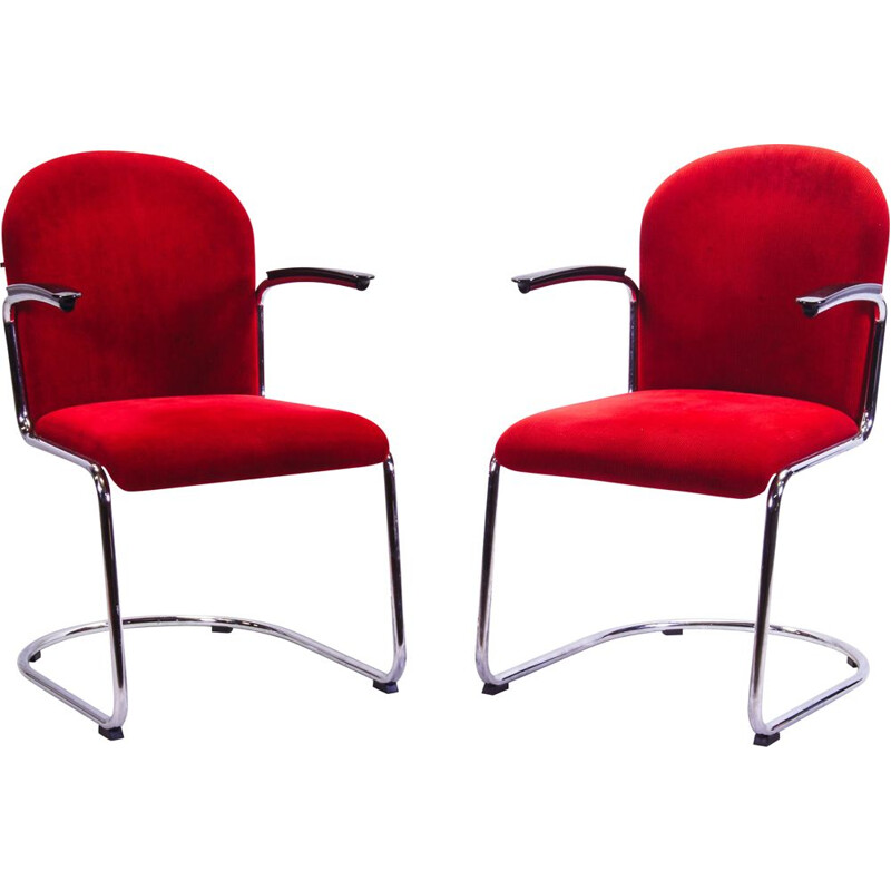Pair of vintage red corduroy armchairs from Gispen, Netherlands 1937