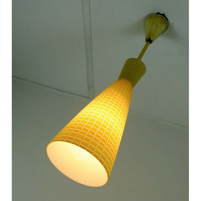 Vintage pendant lamp yellow and white glass by peill & putzler to Aloys Ferdinand Gangkofner 1950