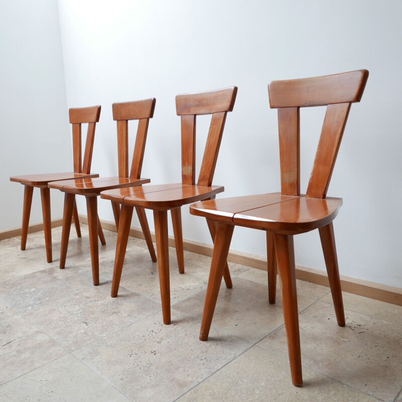 Set of 4 vintage solid pine chairs by Wincze and Szlekys for Lad, Poland 1940