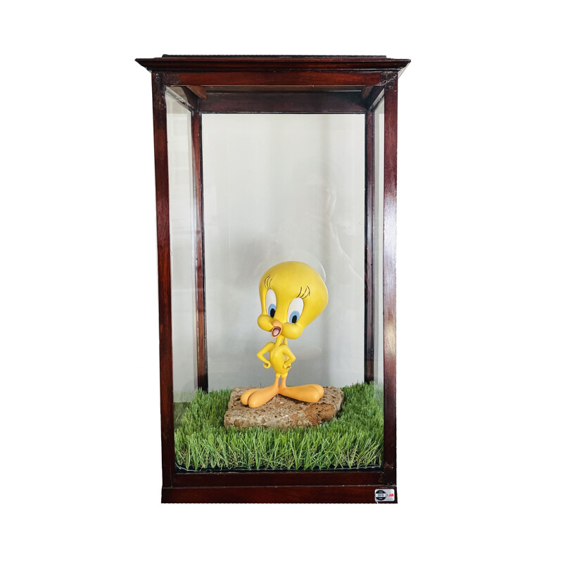 Vintage "Tweety in Glass" Late display case in blown glass and walnut wood 1970s