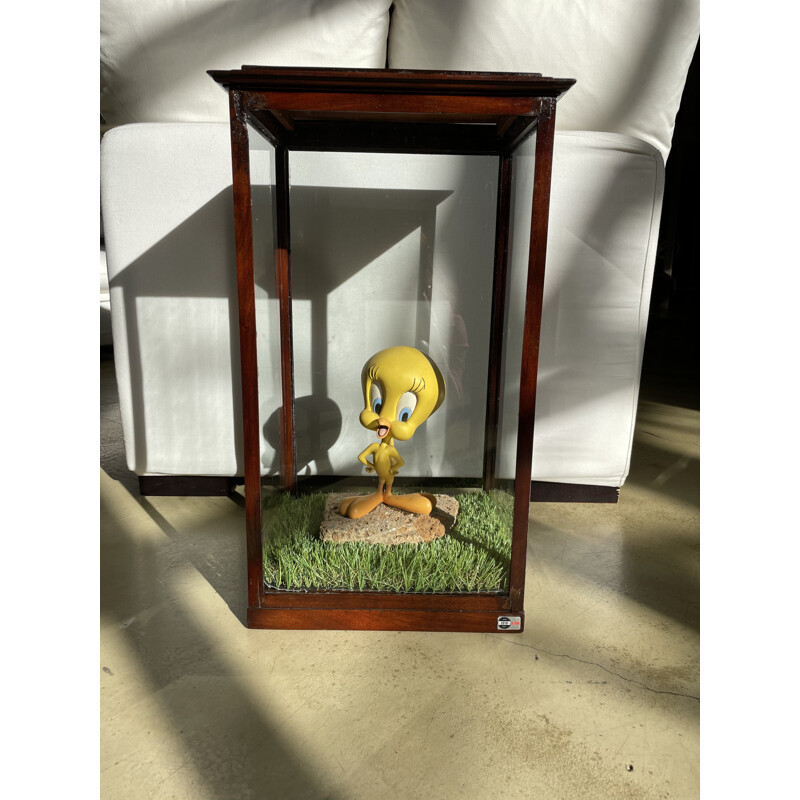 Vintage "Tweety in Glass" Late display case in blown glass and walnut wood 1970s