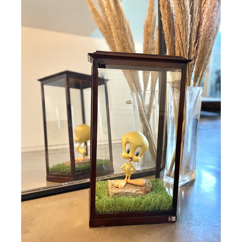 Vintage "Tweety in Glass" Late display case in blown glass and walnut wood 1970s