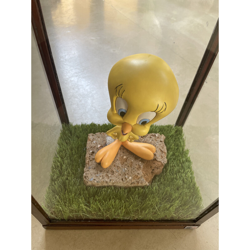 Vintage "Tweety in Glass" Late display case in blown glass and walnut wood 1970s