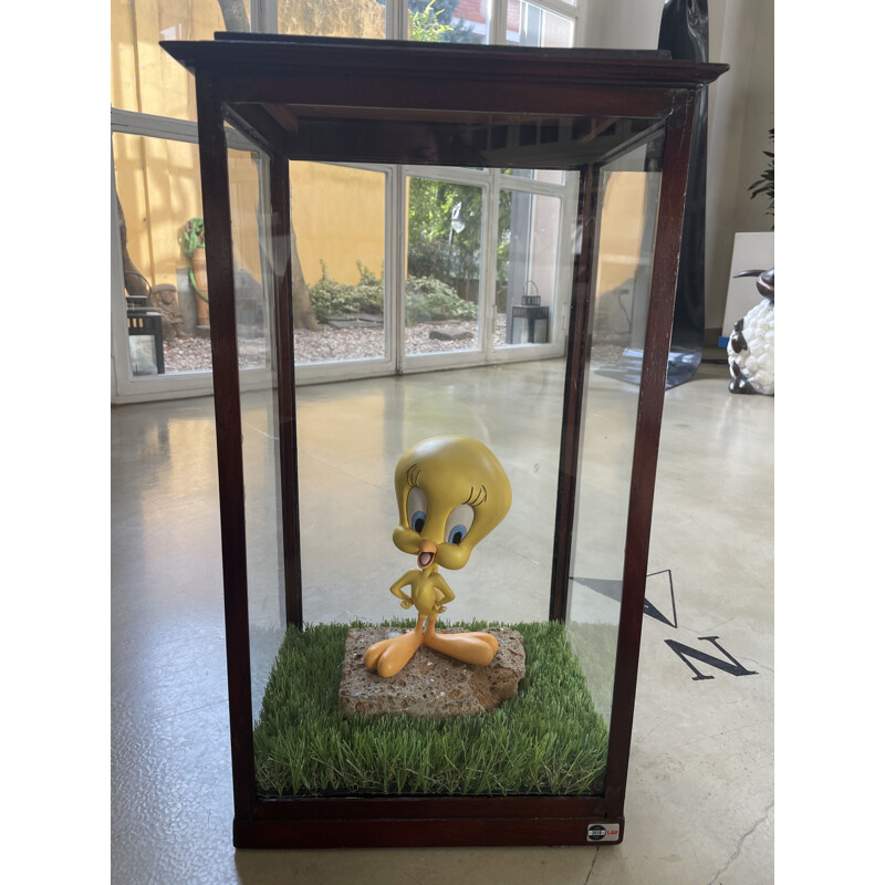 Vintage "Tweety in Glass" Late display case in blown glass and walnut wood 1970s