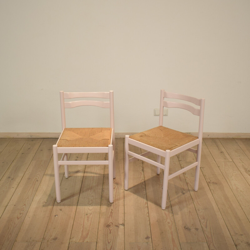 Pair of German chairs in beech wood with straw seat - 1970s