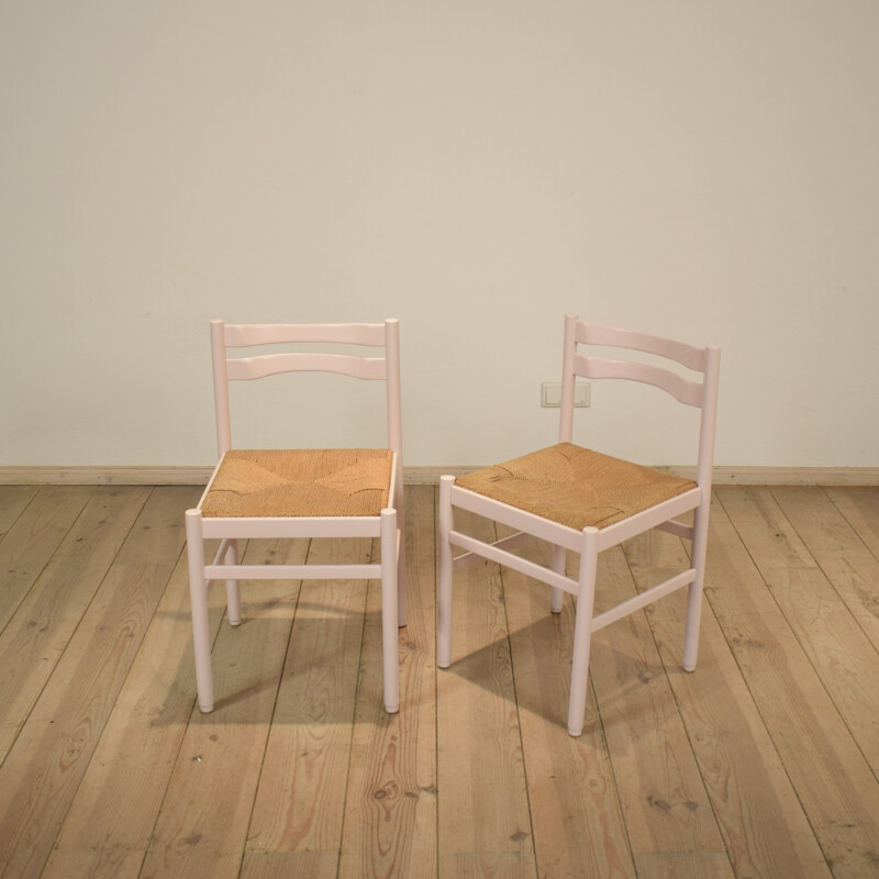 Paire de chaises allemandes en hêtre et paille - 1970
