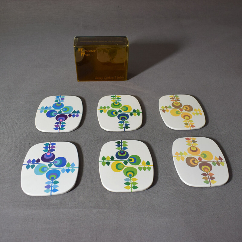 Set of 6 vintage coaster with geometric floral pattern 1970s