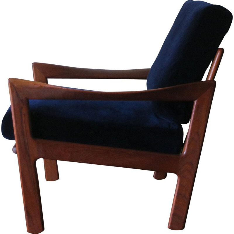 Vintage Teak and Blue Velvet Lounge Chair by Illum Wikkelsø for Niels Eilersen 1960s