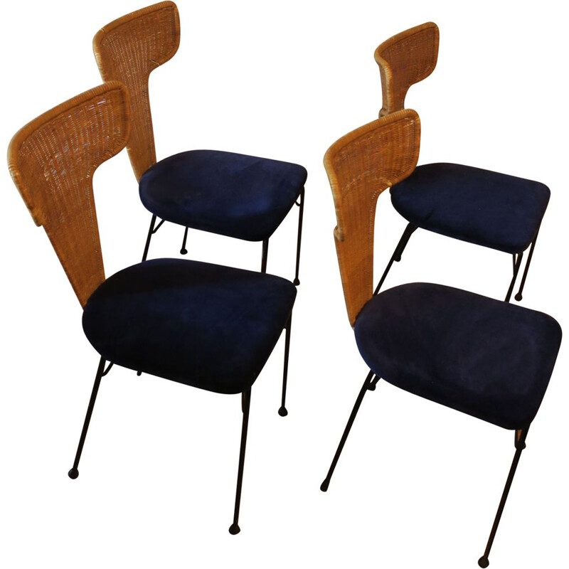 Set of 4 vintage chairs in black metal rattan and blue velvet, Italy 1950