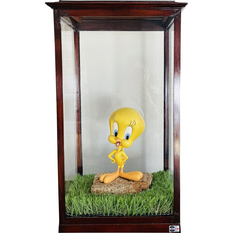 Vintage "Tweety in Glass" Late display case in blown glass and walnut wood 1970s