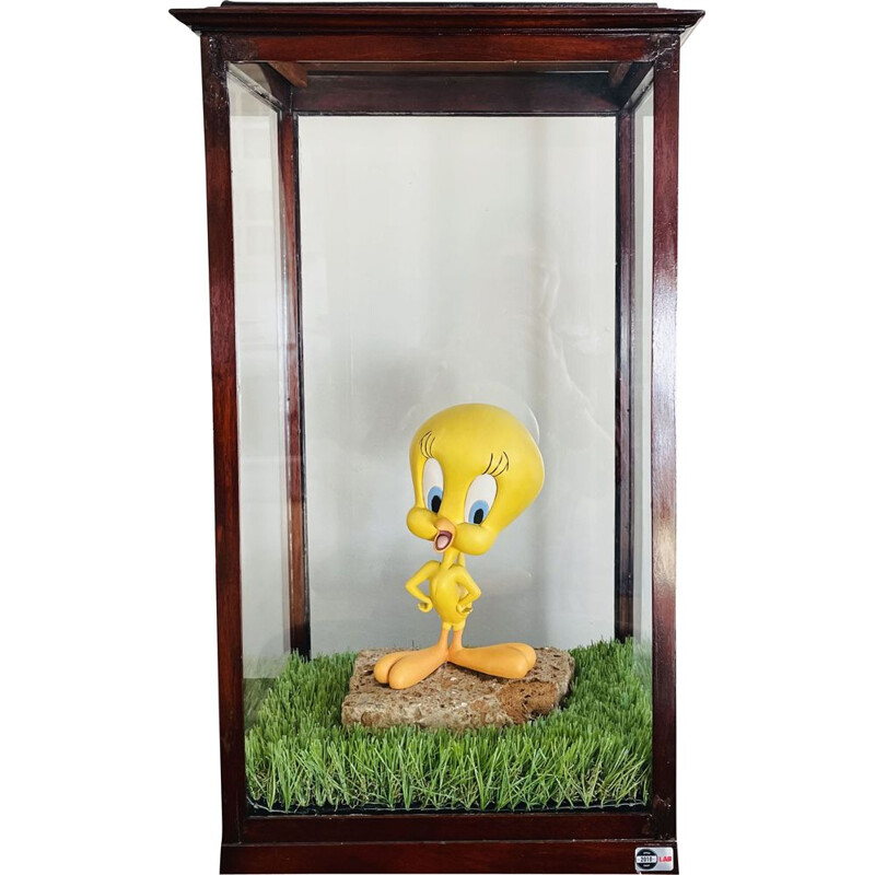 Vitrine vintage "Tweety in Glass" tardive en verre soufflé et bois de noyer 1970