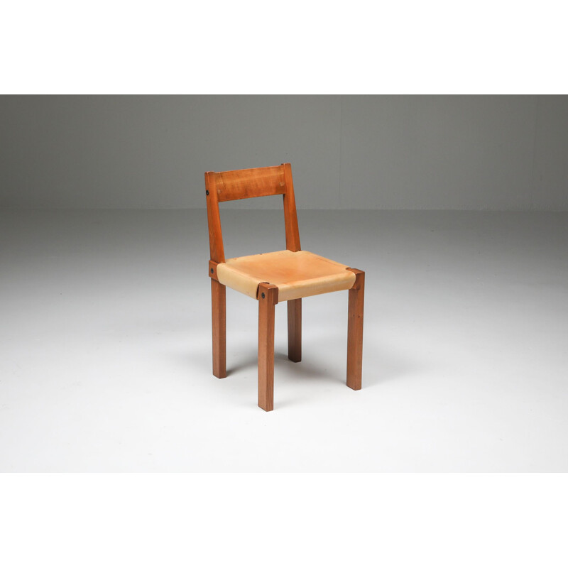 Vintage chair S24 in solid elm and natural leather by Pierre Chapo, France 1966