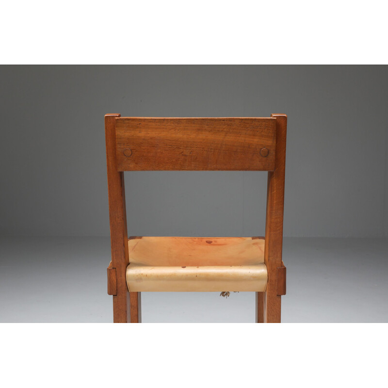Vintage chair S24 in solid elm and natural leather by Pierre Chapo, France 1966