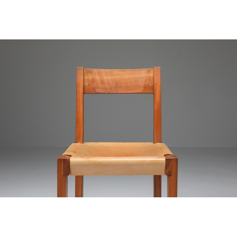 Vintage chair S24 in solid elm and natural leather by Pierre Chapo, France 1966