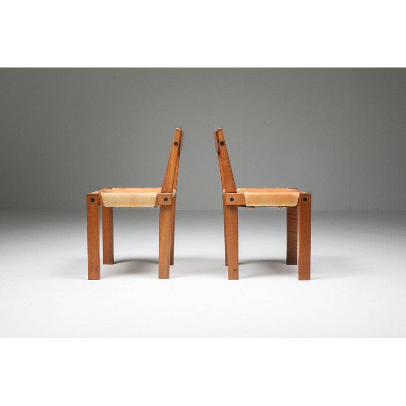 Vintage chair S24 in solid elm and natural leather by Pierre Chapo, France 1966