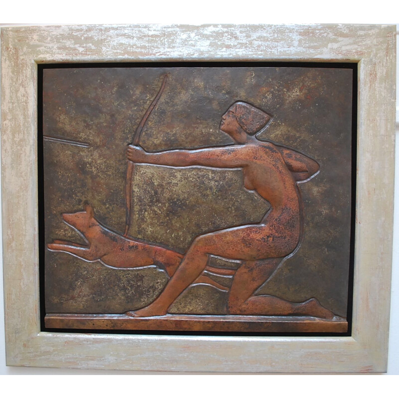 Vintage copper wall decoration of Diane Huntress by Claudius Linossier, Art Deco, France 1920