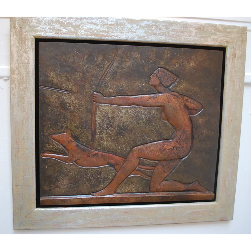 Vintage copper wall decoration of Diane Huntress by Claudius Linossier, Art Deco, France 1920