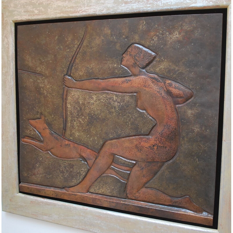 Vintage copper wall decoration of Diane Huntress by Claudius Linossier, Art Deco, France 1920