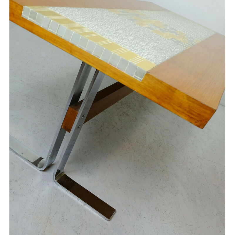 Vintage coffee table walnut with gray and gold mosaic and chrome base 1960s