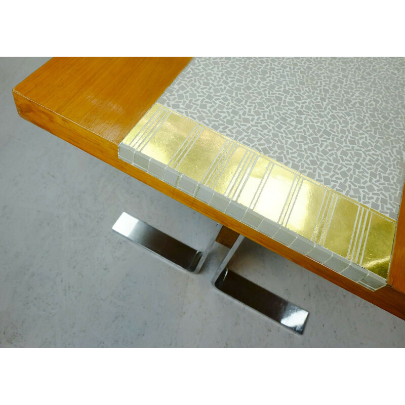 Vintage coffee table walnut with gray and gold mosaic and chrome base 1960s