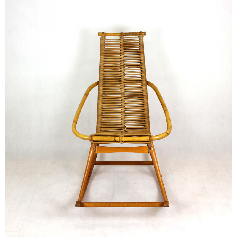 Rocking Chair vintage en rotin, Tchécoslovaquie 1960