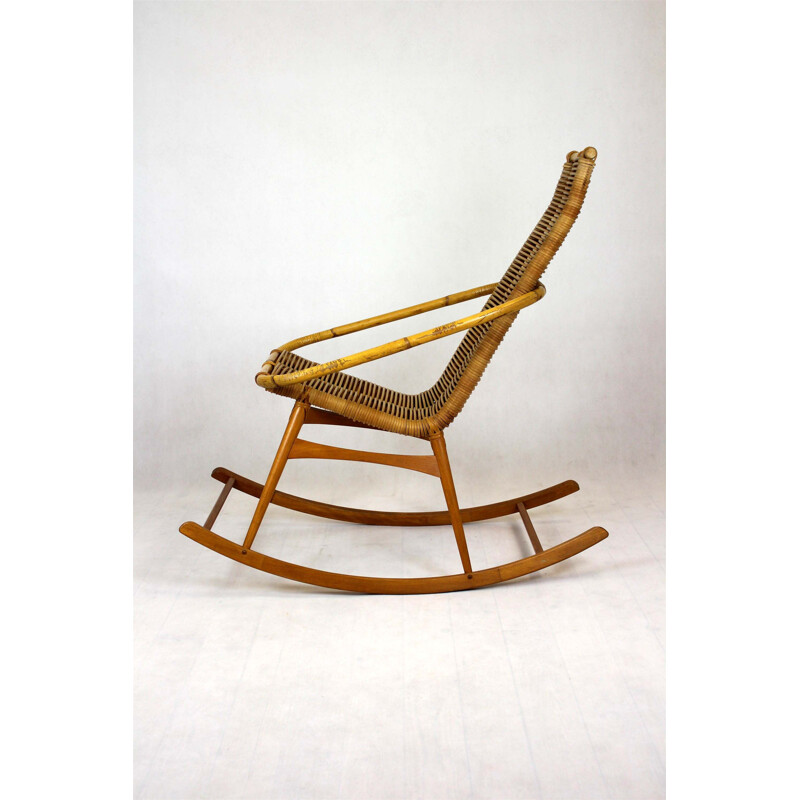 Rocking Chair vintage en rotin, Tchécoslovaquie 1960