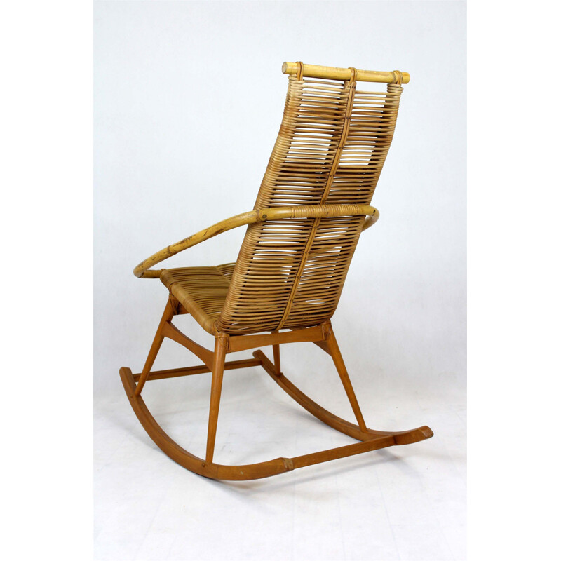 Rocking Chair vintage en rotin, Tchécoslovaquie 1960