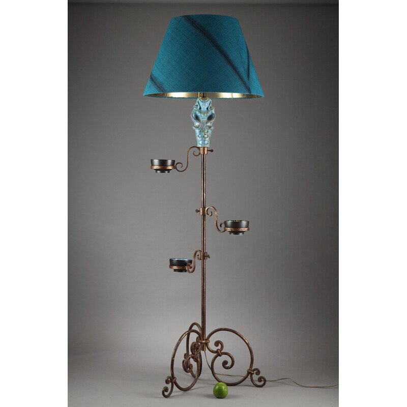 Tripod floor lamp in forged iron with blue ceramic figure - 1950s