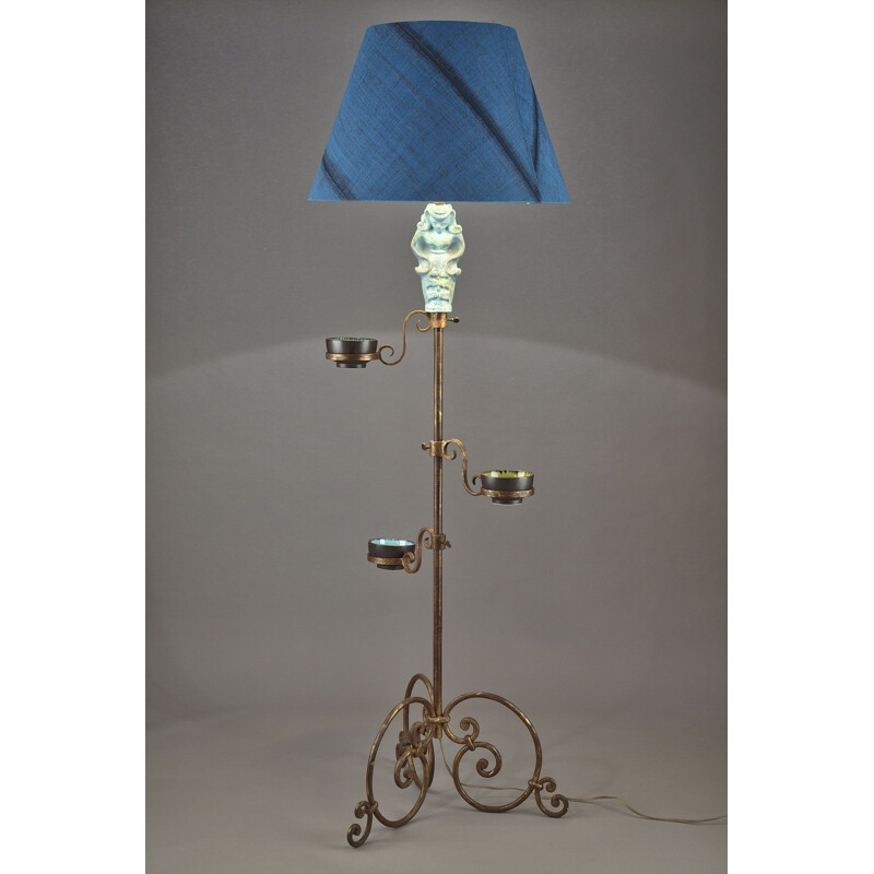 Tripod floor lamp in forged iron with blue ceramic figure - 1950s