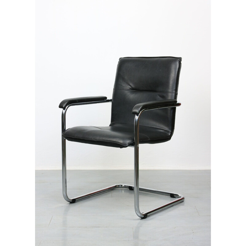 Vintage Black Leatherette Office Cantilever Chair 1970s