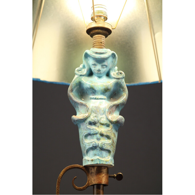 Tripod floor lamp in forged iron with blue ceramic figure - 1950s