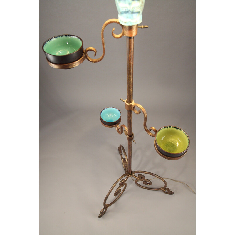 Tripod floor lamp in forged iron with blue ceramic figure - 1950s