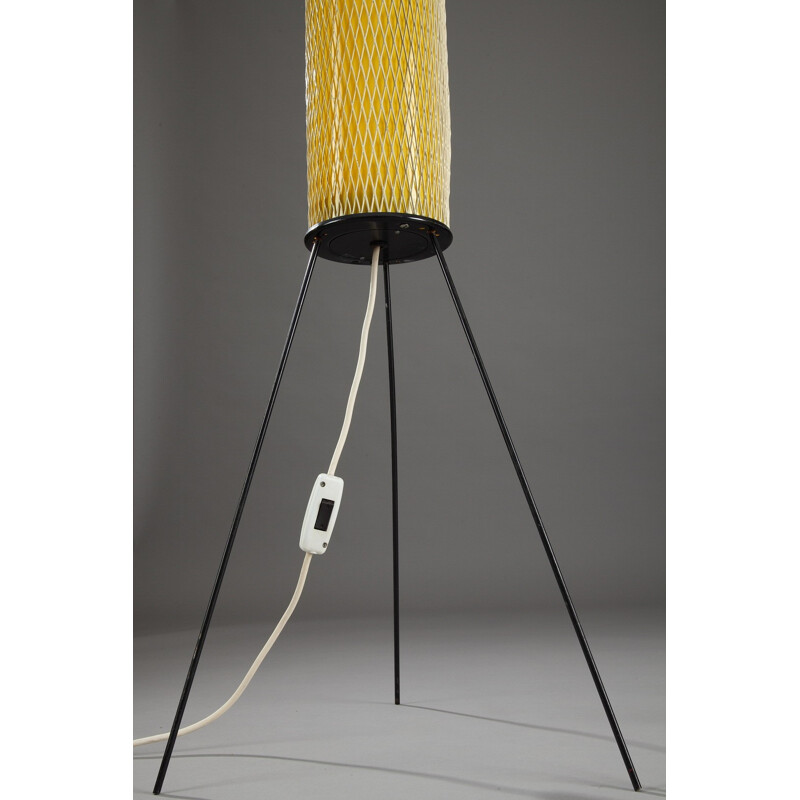 Yellow tripod floor lamp in metal and plastic - 1950s